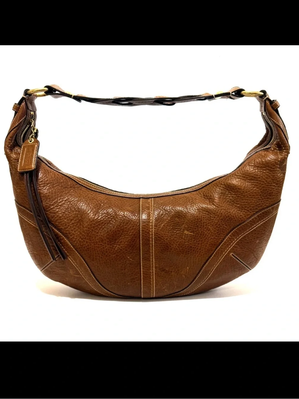 NICE COACH Y2K SOHO TOBACCO WHISKEY PEBBLED LEATHER BRAIDED LARGE HOBO BAG 10042